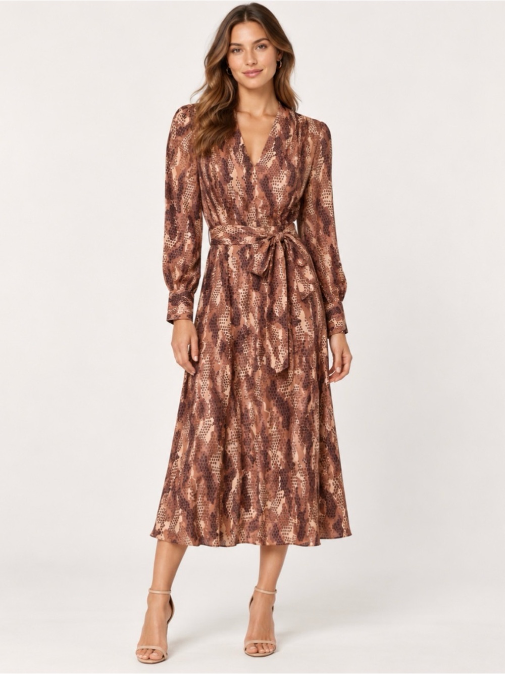 J.McLaughlin Portia Silk Blend Midi Dress Camel Black Grasslands Print Belted